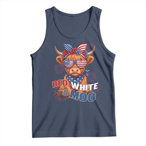 Red White and Moo Funny Patriotic Highland Cow Tank Top Cute American Flag Sunglasses and Bandana Summer Fireworks TS02 Navy Print Your Wear
