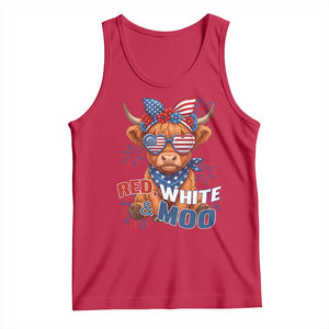 Red White and Moo Funny Patriotic Highland Cow Tank Top Cute American Flag Sunglasses and Bandana Summer Fireworks TS02 Red Print Your Wear