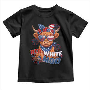 Red White and Moo Funny Patriotic Highland Cow Toddler T Shirt Cute American Flag Sunglasses and Bandana Summer Fireworks TS02 Black Print Your Wear