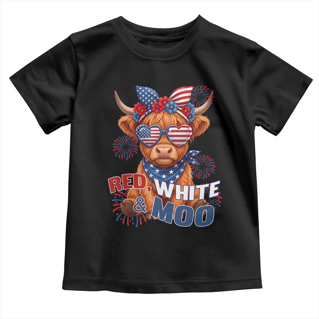 Red White and Moo Funny Patriotic Highland Cow Toddler T Shirt Cute American Flag Sunglasses and Bandana Summer Fireworks TS02 Black Print Your Wear