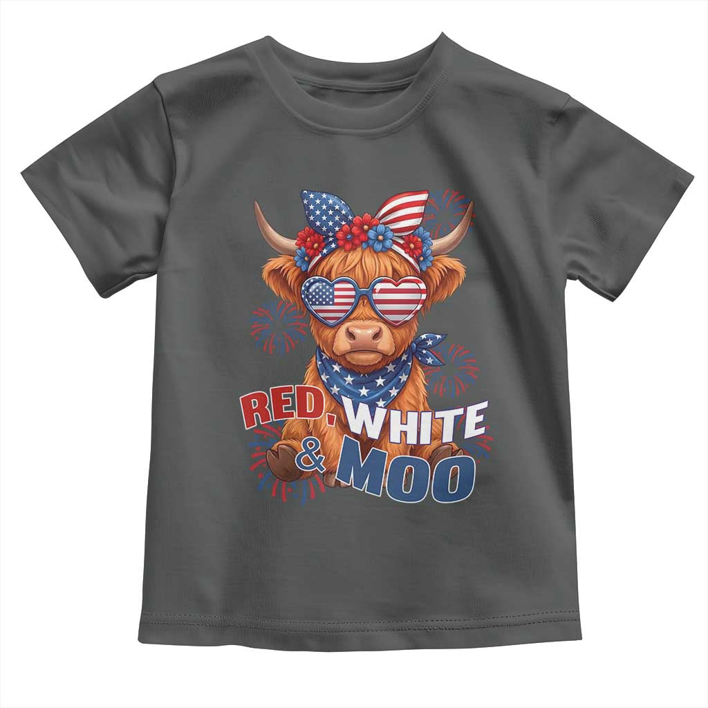 Red White and Moo Funny Patriotic Highland Cow Toddler T Shirt Cute American Flag Sunglasses and Bandana Summer Fireworks TS02 Dark Heather Print Your Wear