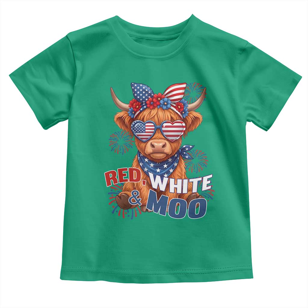 Red White and Moo Funny Patriotic Highland Cow Toddler T Shirt Cute American Flag Sunglasses and Bandana Summer Fireworks TS02 Irish Green Print Your Wear