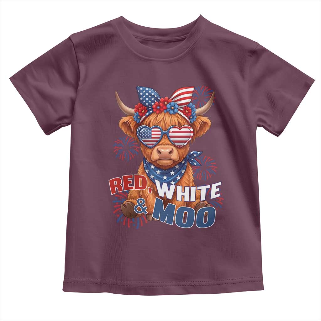 Red White and Moo Funny Patriotic Highland Cow Toddler T Shirt Cute American Flag Sunglasses and Bandana Summer Fireworks TS02 Maroon Print Your Wear