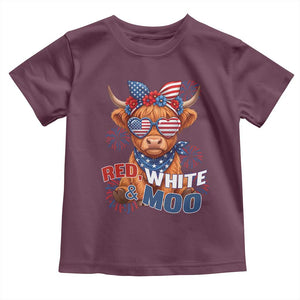 Red White and Moo Funny Patriotic Highland Cow Toddler T Shirt Cute American Flag Sunglasses and Bandana Summer Fireworks TS02 Maroon Print Your Wear