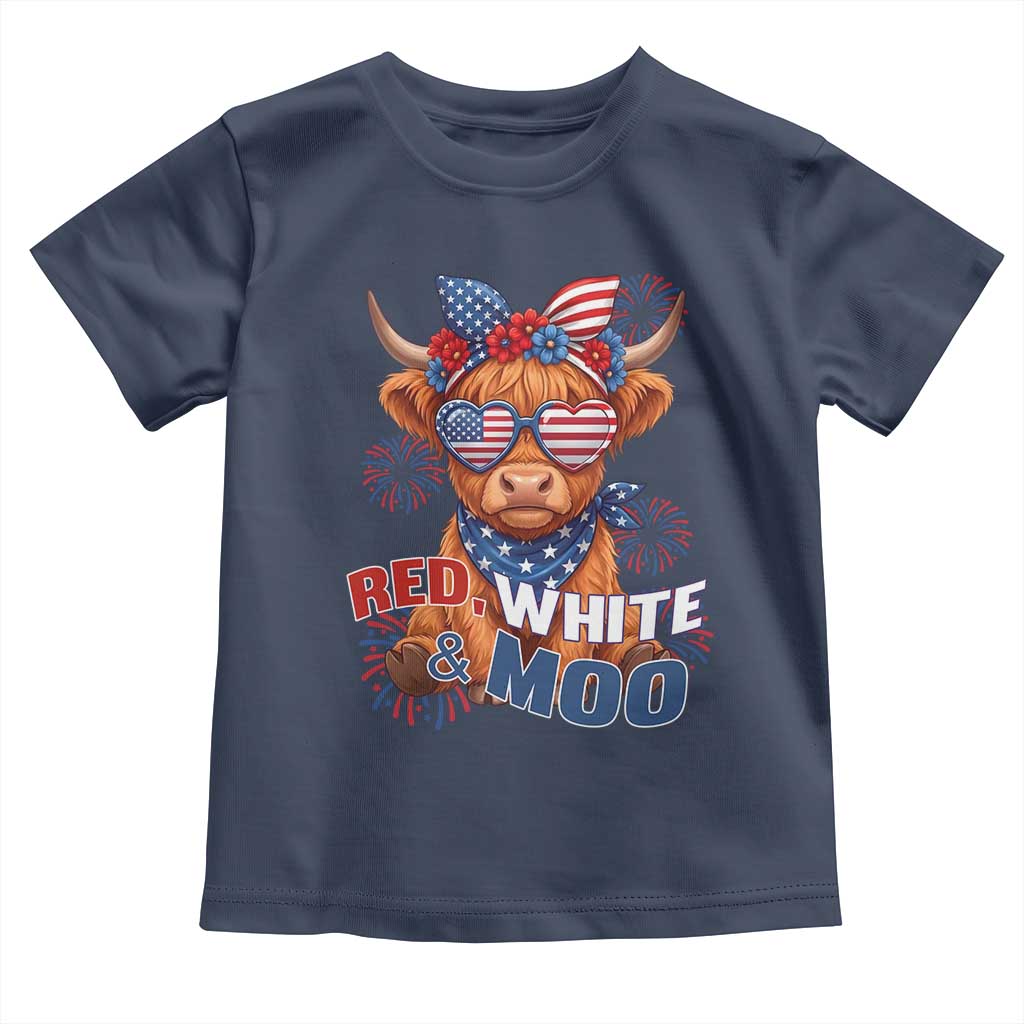 Red White and Moo Funny Patriotic Highland Cow Toddler T Shirt Cute American Flag Sunglasses and Bandana Summer Fireworks TS02 Navy Print Your Wear