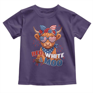 Red White and Moo Funny Patriotic Highland Cow Toddler T Shirt Cute American Flag Sunglasses and Bandana Summer Fireworks TS02 Purple Print Your Wear