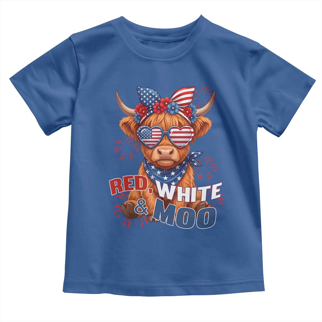 Red White and Moo Funny Patriotic Highland Cow Toddler T Shirt Cute American Flag Sunglasses and Bandana Summer Fireworks TS02 Royal Blue Print Your Wear