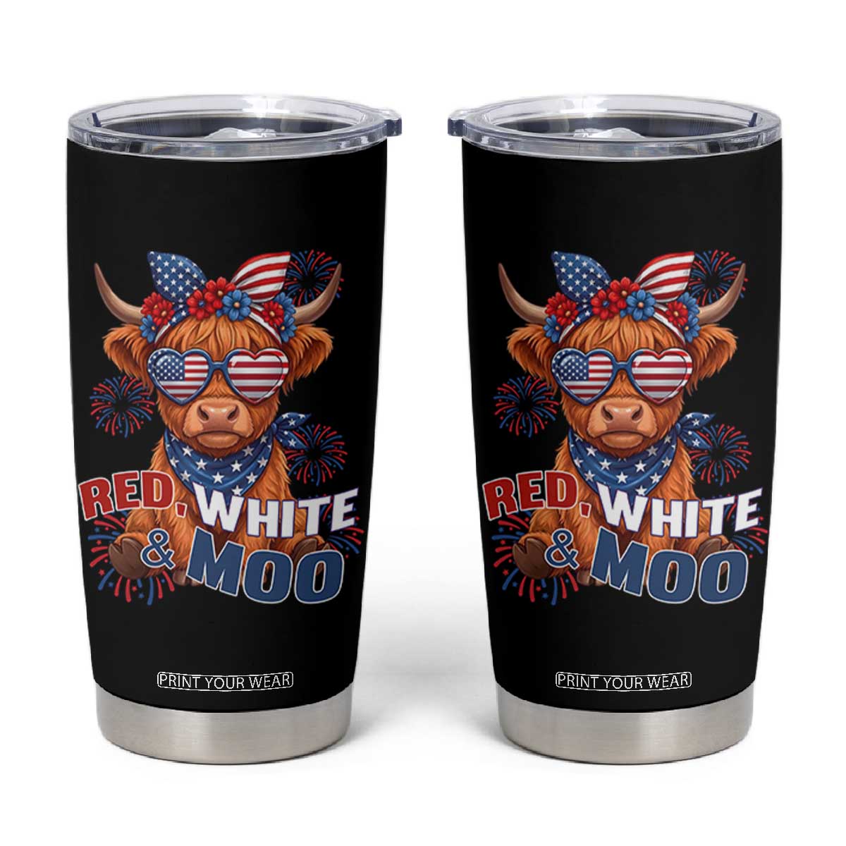 Red White and Moo Funny Patriotic Highland Cow Tumbler Cup Cute American Flag Sunglasses and Bandana Summer Fireworks TS02 Black Print Your Wear