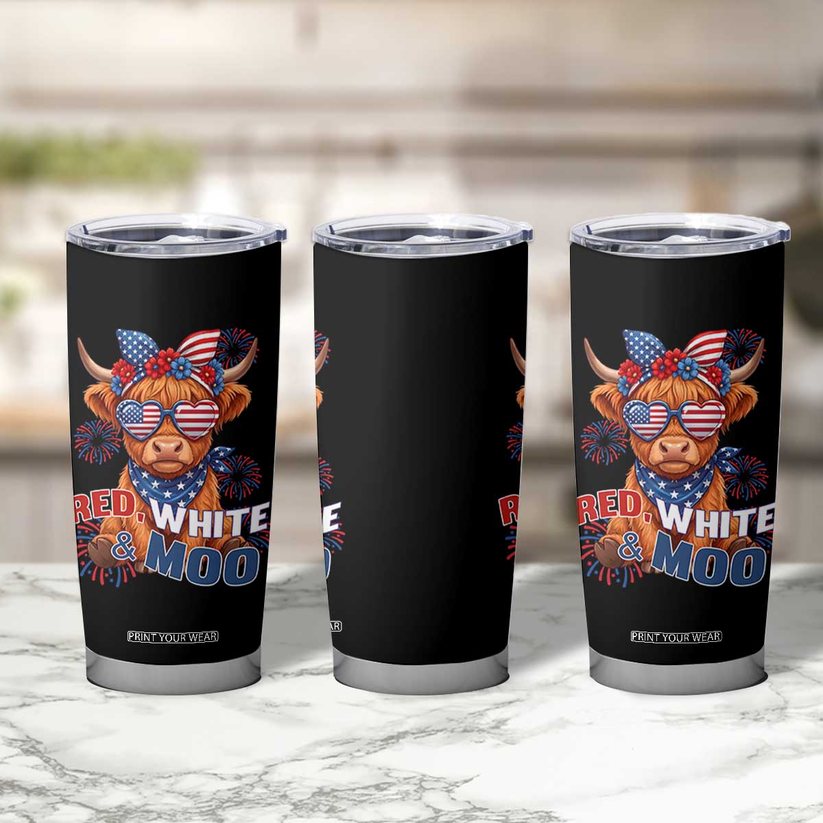 Red White and Moo Funny Patriotic Highland Cow Tumbler Cup Cute American Flag Sunglasses and Bandana Summer Fireworks TS02 Print Your Wear