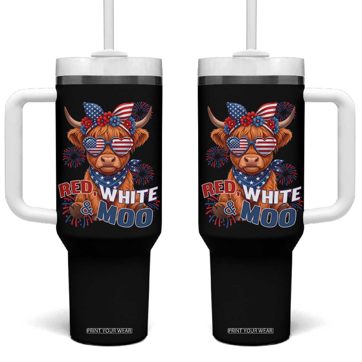 Red White and Moo Funny Patriotic Highland Cow Tumbler With Handle Cute American Flag Sunglasses and Bandana Summer Fireworks TS02 One Size: 40 oz Black Print Your Wear