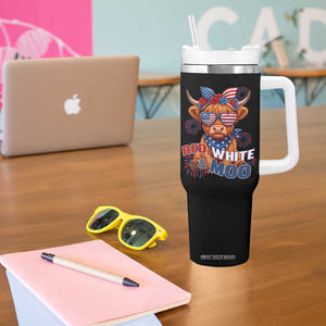 Red White and Moo Funny Patriotic Highland Cow Tumbler With Handle Cute American Flag Sunglasses and Bandana Summer Fireworks TS02 Print Your Wear