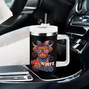 Red White and Moo Funny Patriotic Highland Cow Tumbler With Handle Cute American Flag Sunglasses and Bandana Summer Fireworks TS02 Print Your Wear