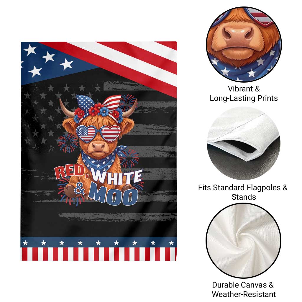 Red White and Moo Funny Highland Cow Patriotic Garden Flag Cute American Flag Sunglasses and Bandana Summer Fireworks