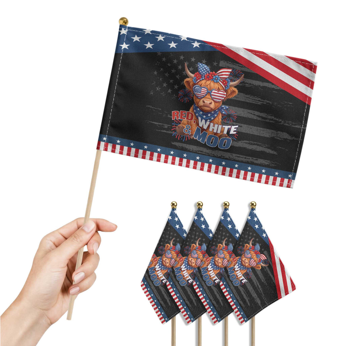 Red White and Moo Funny Highland Cow Patriotic Handheld Flag Cute American Flag Sunglasses and Bandana Summer Fireworks