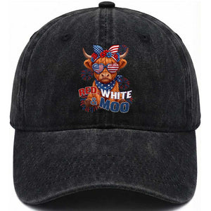 Red White and Moo Funny Patriotic Highland Cow Washed Cotton Baseball Cap Cute American Flag Sunglasses and Bandana Summer Fireworks TS02 Print Your Wear