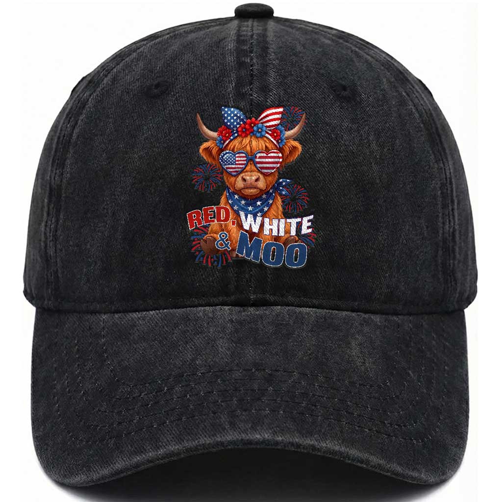 Red White and Moo Funny Patriotic Highland Cow Washed Cotton Baseball Cap Cute American Flag Sunglasses and Bandana Summer Fireworks TS02 Print Your Wear