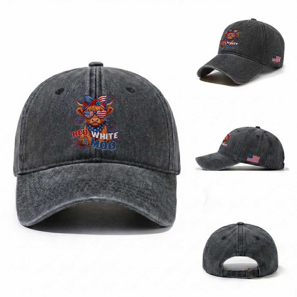 Red White and Moo Funny Patriotic Highland Cow Washed Cotton Baseball Cap Cute American Flag Sunglasses and Bandana Summer Fireworks TS02 Washed Cap Universal Fit Dark Gray Print Your Wear
