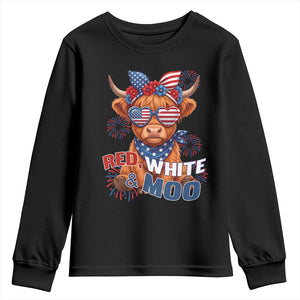 Red White and Moo Funny Patriotic Highland Cow Youth Sweatshirt Cute American Flag Sunglasses and Bandana Summer Fireworks TS02 Black Print Your Wear