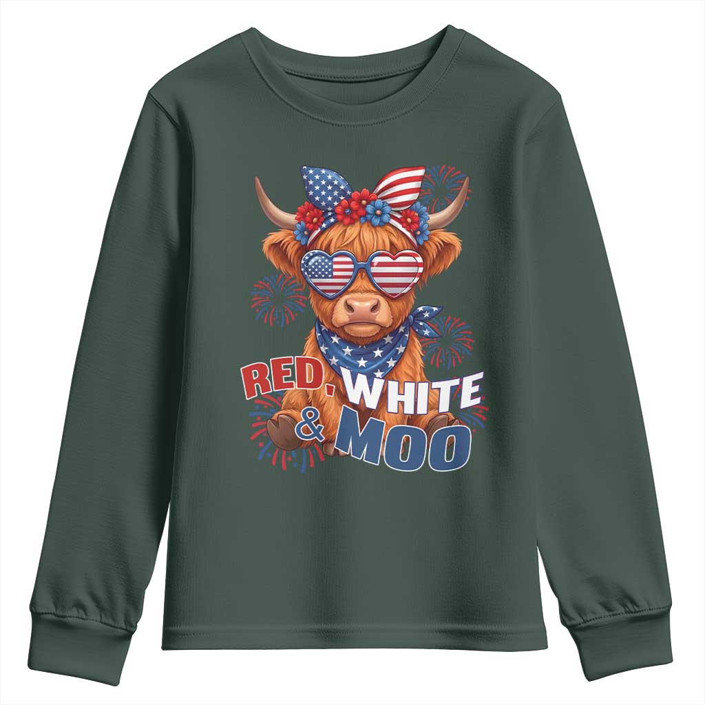 Red White and Moo Funny Patriotic Highland Cow Youth Sweatshirt Cute American Flag Sunglasses and Bandana Summer Fireworks TS02 Dark Forest Green Print Your Wear