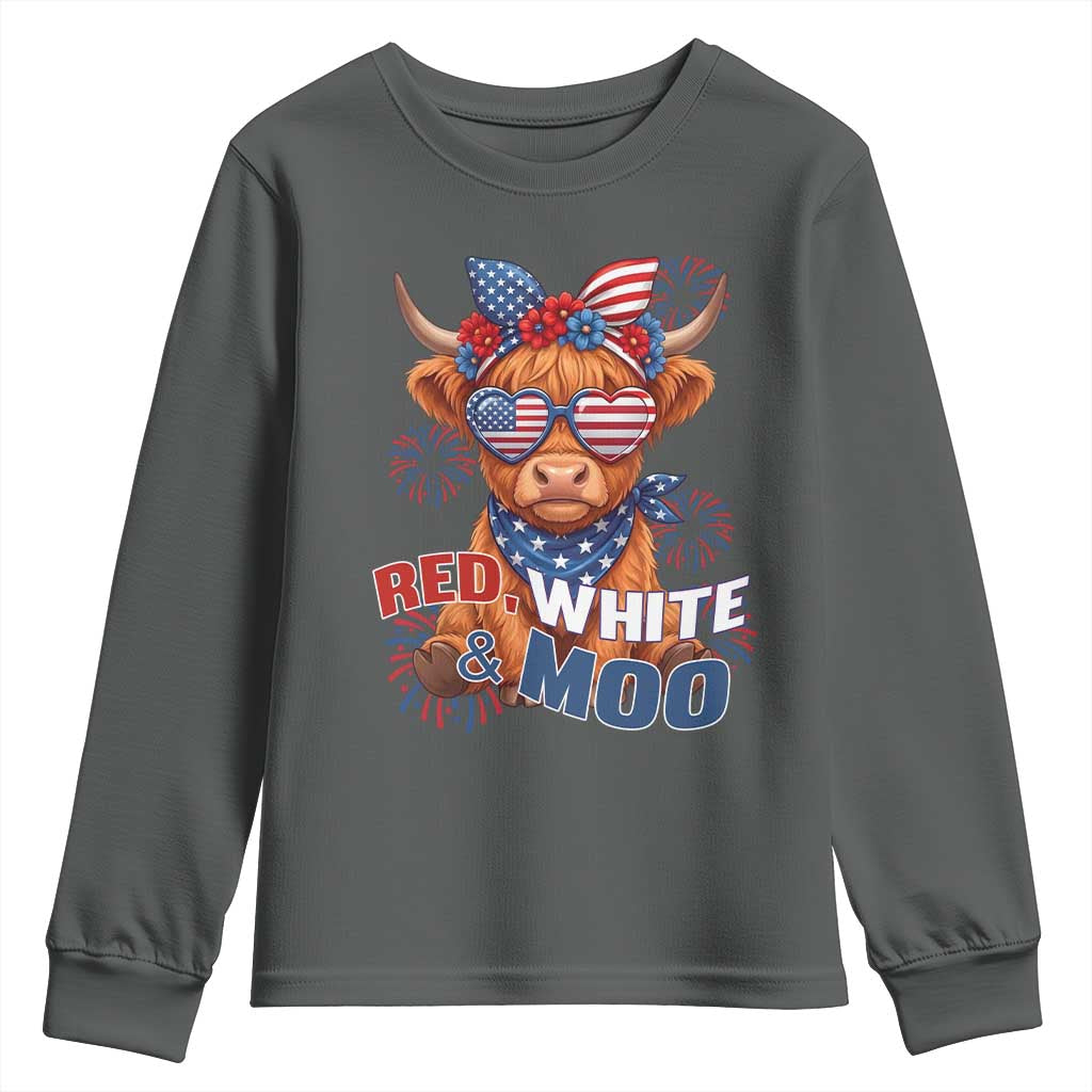 Red White and Moo Funny Patriotic Highland Cow Youth Sweatshirt Cute American Flag Sunglasses and Bandana Summer Fireworks TS02 Dark Heather Print Your Wear