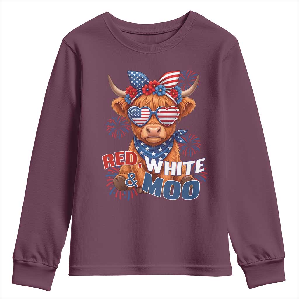 Red White and Moo Funny Patriotic Highland Cow Youth Sweatshirt Cute American Flag Sunglasses and Bandana Summer Fireworks TS02 Maroon Print Your Wear