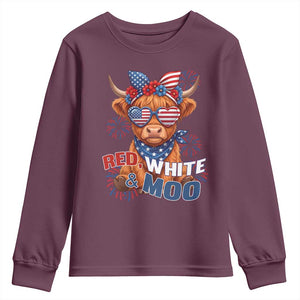 Red White and Moo Funny Patriotic Highland Cow Youth Sweatshirt Cute American Flag Sunglasses and Bandana Summer Fireworks TS02 Maroon Print Your Wear
