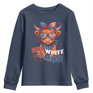 Red White and Moo Funny Patriotic Highland Cow Youth Sweatshirt Cute American Flag Sunglasses and Bandana Summer Fireworks TS02 Navy Print Your Wear