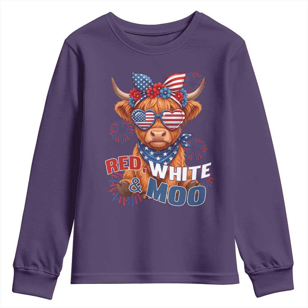 Red White and Moo Funny Patriotic Highland Cow Youth Sweatshirt Cute American Flag Sunglasses and Bandana Summer Fireworks TS02 Purple Print Your Wear