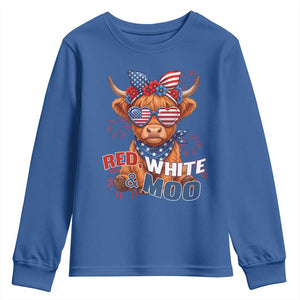 Red White and Moo Funny Patriotic Highland Cow Youth Sweatshirt Cute American Flag Sunglasses and Bandana Summer Fireworks TS02 Royal Blue Print Your Wear