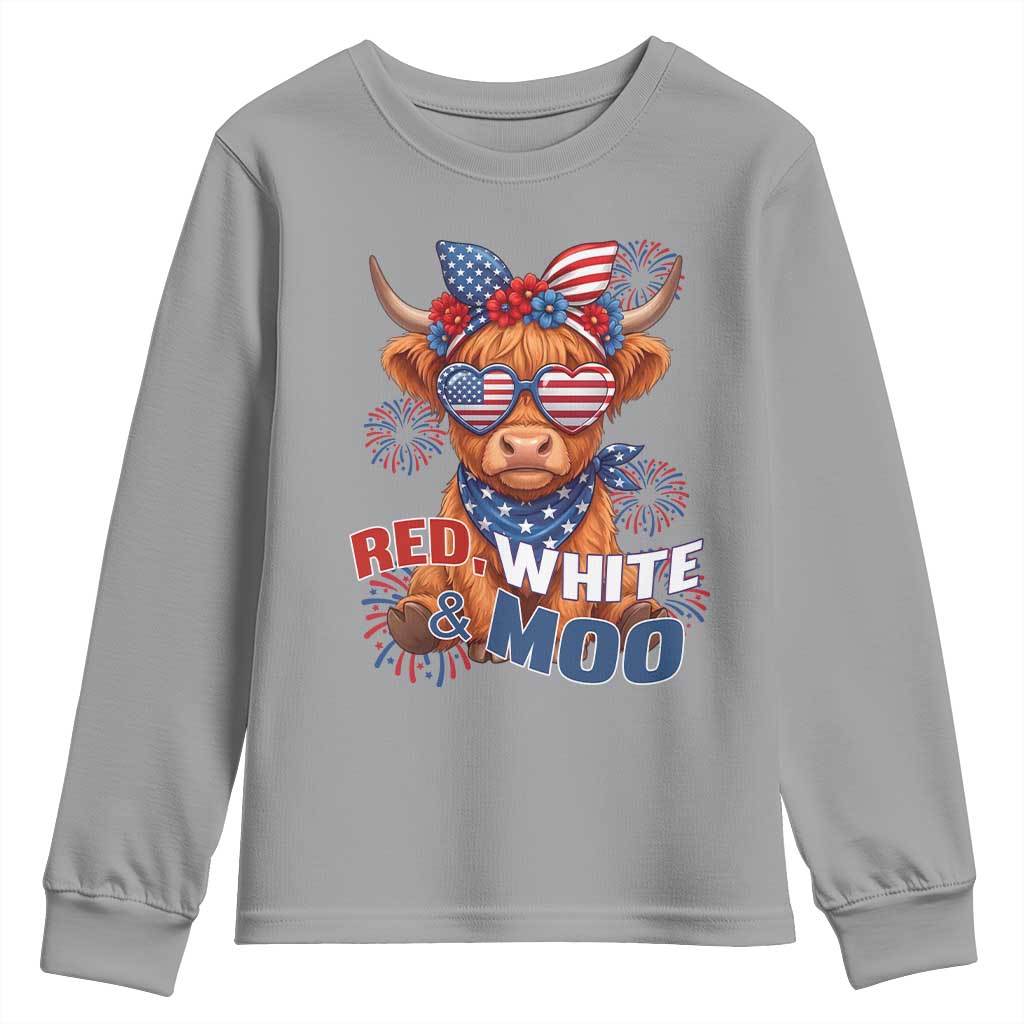 Red White and Moo Funny Patriotic Highland Cow Youth Sweatshirt Cute American Flag Sunglasses and Bandana Summer Fireworks TS02 Sport Gray Print Your Wear