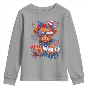 Red White and Moo Funny Patriotic Highland Cow Youth Sweatshirt Cute American Flag Sunglasses and Bandana Summer Fireworks TS02 Sport Gray Print Your Wear
