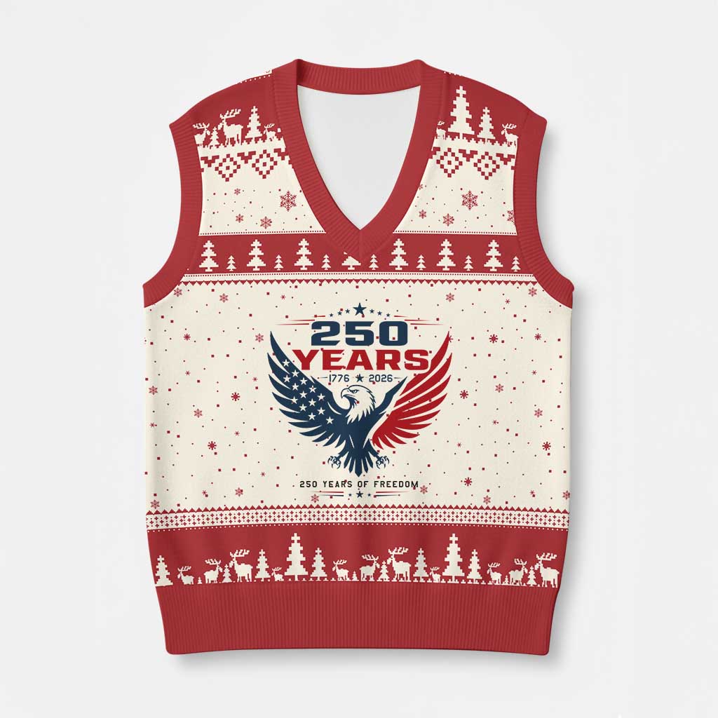 250 Years of Freedom Commemorative Patriotic Eagle V-Neck Knit Sweater Vest Majestic American Flag Winged Eagle 1776 to 2026 Semiquincentennial TS02 Beige Red Print Your Wear
