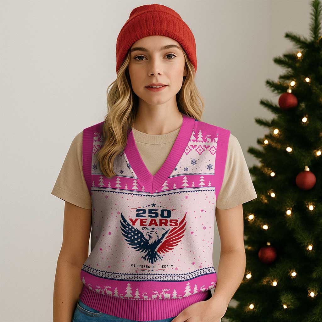 250 Years of Freedom Commemorative Patriotic Eagle V-Neck Knit Sweater Vest Majestic American Flag Winged Eagle 1776 to 2026 Semiquincentennial TS02 Hot Pink Print Your Wear