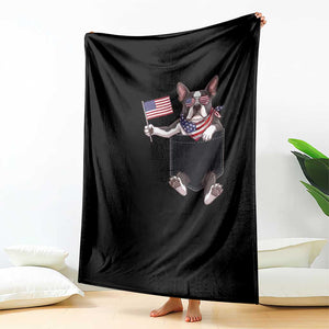 Funny Patriotic French Bulldog in Pocket Graphic Throw Blanket Cute Frenchie Waving US Flag Sunglasses Faux Summer TS02 Print Your Wear