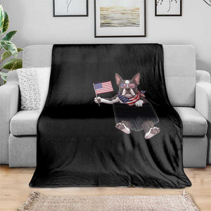 Funny Patriotic French Bulldog in Pocket Graphic Throw Blanket Cute Frenchie Waving US Flag Sunglasses Faux Summer TS02 Print Your Wear