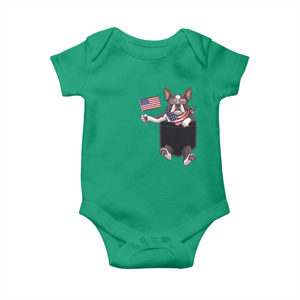 Funny Patriotic French Bulldog in Pocket Graphic Baby Onesie Cute Frenchie Waving US Flag Sunglasses Faux Summer TS02 Irish Green Print Your Wear