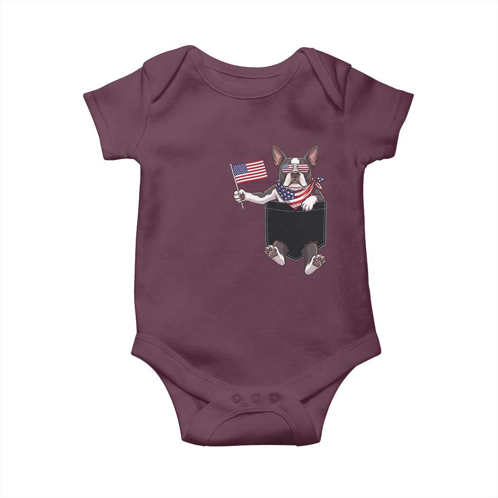 Funny Patriotic French Bulldog in Pocket Graphic Baby Onesie Cute Frenchie Waving US Flag Sunglasses Faux Summer TS02 Maroon Print Your Wear