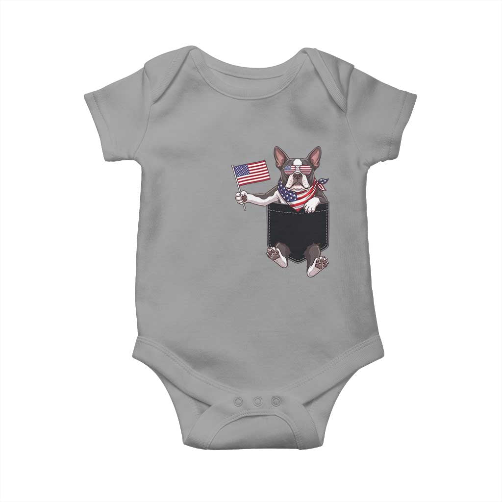 Funny Patriotic French Bulldog in Pocket Graphic Baby Onesie Cute Frenchie Waving US Flag Sunglasses Faux Summer TS02 Sport Gray Print Your Wear