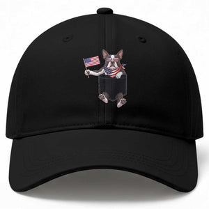 Funny Patriotic French Bulldog in Pocket Graphic Baseball Cap Cute Frenchie Waving US Flag Sunglasses Faux Summer TS02 Print Your Wear