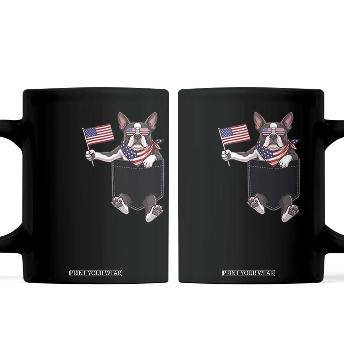 Funny Patriotic French Bulldog in Pocket Graphic Coffee Mug Cute Frenchie Waving US Flag Sunglasses Faux Summer
