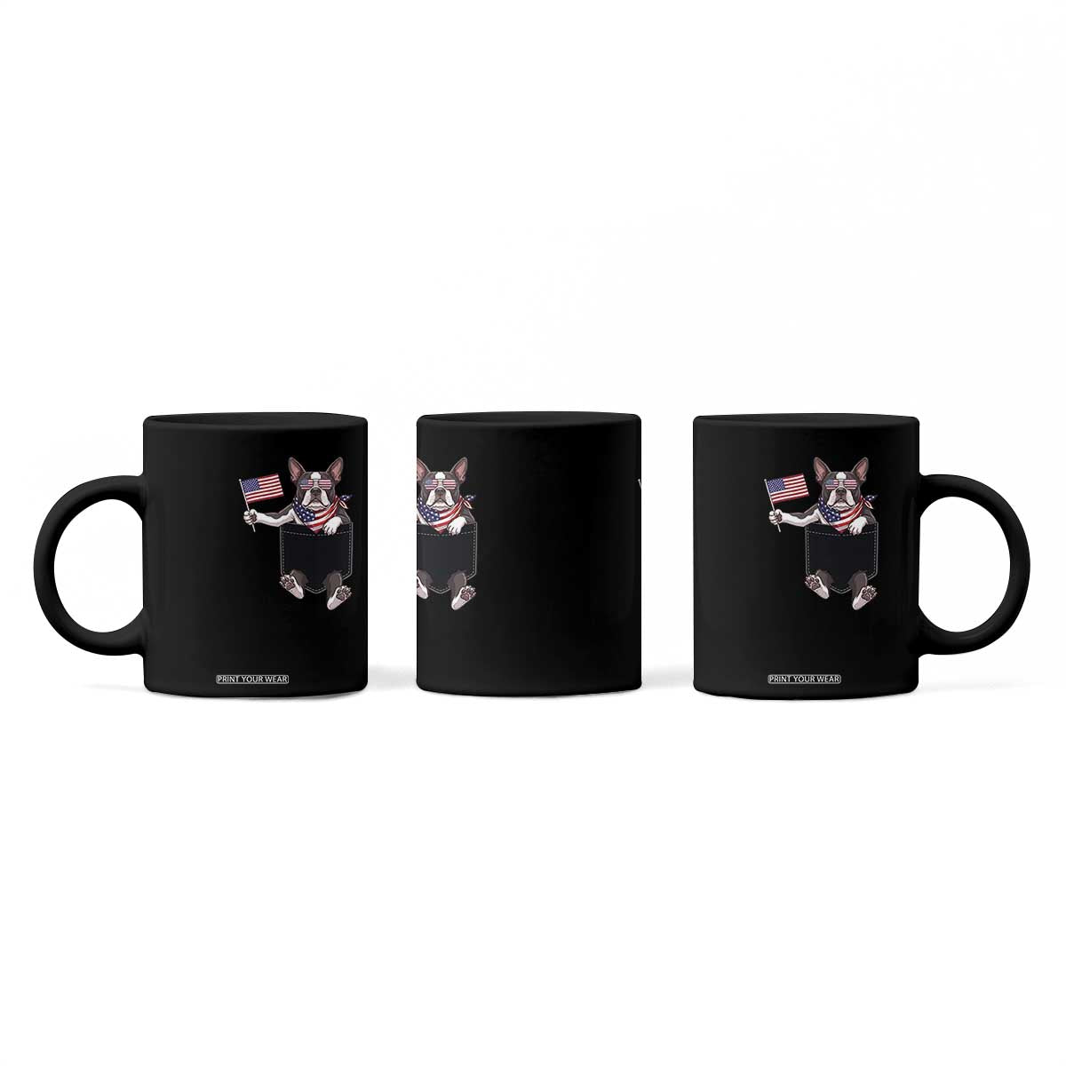 Funny Patriotic French Bulldog in Pocket Graphic Coffee Mug Cute Frenchie Waving US Flag Sunglasses Faux Summer TS02 Print Your Wear