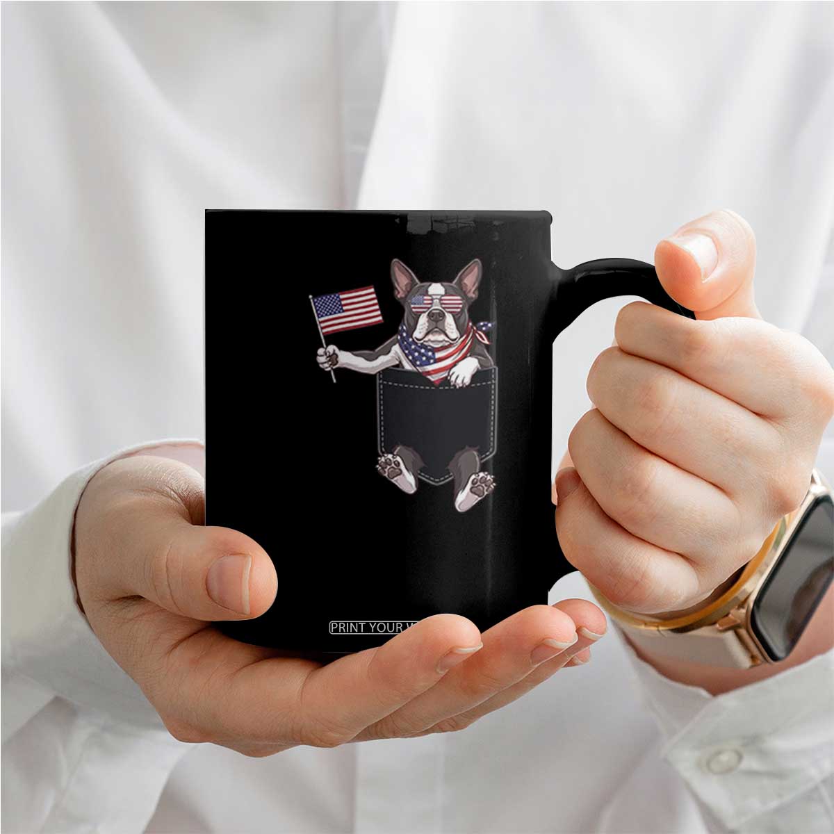 Funny Patriotic French Bulldog in Pocket Graphic Coffee Mug Cute Frenchie Waving US Flag Sunglasses Faux Summer TS02 Print Your Wear