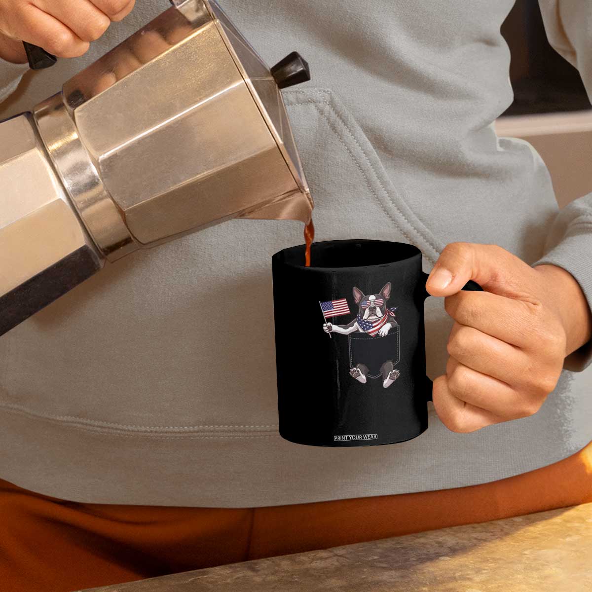 Funny Patriotic French Bulldog in Pocket Graphic Coffee Mug Cute Frenchie Waving US Flag Sunglasses Faux Summer TS02 Print Your Wear