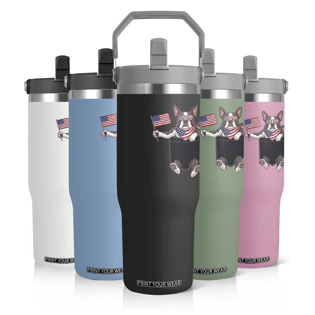 Funny Patriotic French Bulldog in Pocket Graphic Flip Straw Tumbler Cute Frenchie Waving US Flag Sunglasses Faux Summer TS02 Print Your Wear