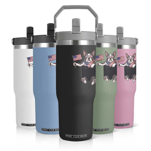 Funny Patriotic French Bulldog in Pocket Graphic Flip Straw Tumbler Cute Frenchie Waving US Flag Sunglasses Faux Summer TS02 Print Your Wear