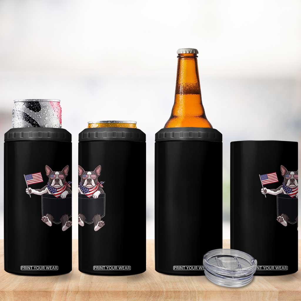 Funny Patriotic French Bulldog in Pocket Graphic 4 in 1 Can Cooler Tumbler Cute Frenchie Waving US Flag Sunglasses Faux Summer TS02 Print Your Wear