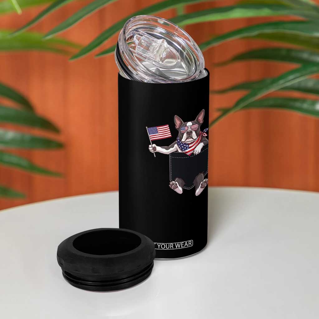 Funny Patriotic French Bulldog in Pocket Graphic 4 in 1 Can Cooler Tumbler Cute Frenchie Waving US Flag Sunglasses Faux Summer TS02 Print Your Wear