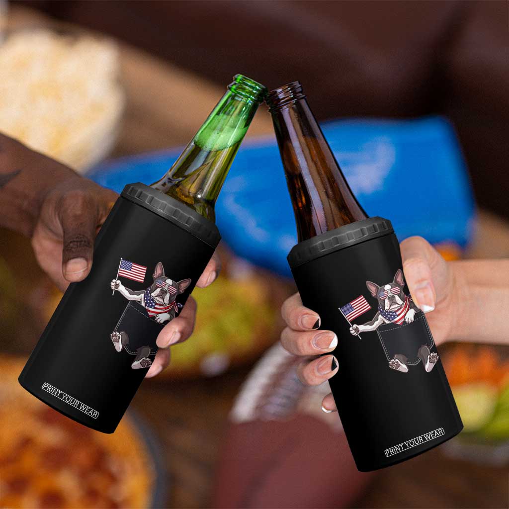 Funny Patriotic French Bulldog in Pocket Graphic 4 in 1 Can Cooler Tumbler Cute Frenchie Waving US Flag Sunglasses Faux Summer TS02 Print Your Wear