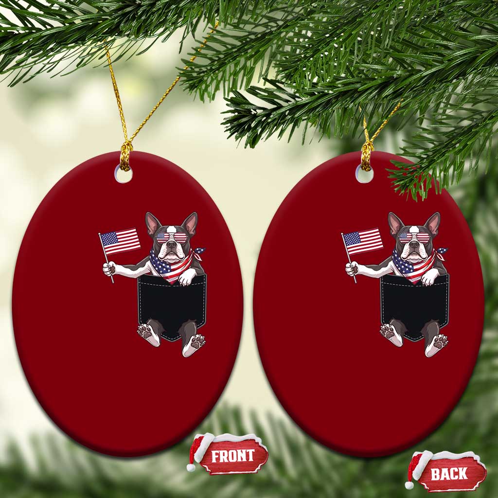 Funny Patriotic French Bulldog in Pocket Graphic Ceramic Ornament Cute Frenchie Waving US Flag Sunglasses Faux Summer TS02 Print Your Wear