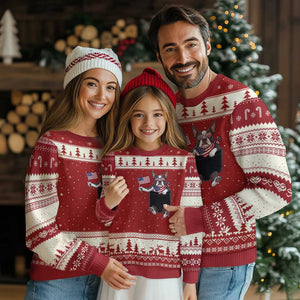 Funny Patriotic French Bulldog in Pocket Graphic Ugly Christmas Sweater Cute Frenchie Waving US Flag Sunglasses Faux Summer TS02 Red Beige Print Your Wear